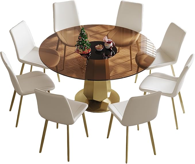 Montary 53 inch Luxury Round Dining Table Set with Smoked Glass Top & Gold Stainless Steel Base, Modern 9-Piece Kitchen Set for 4-8 People, Dining Table with 8 White PU Chairs, Easy Assembly