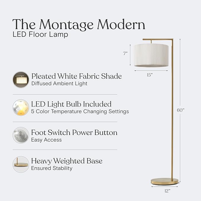 Brightech Montage Modern Floor Lamp - LED Standing Lamp with Tan Shade for Living Rooms & Offices - Bedroom Reading Light - Tall Corner Pole Lamp for Contemporary Home Decor - Antique Brass