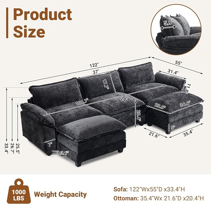 VINGLI 122" Cloud Double-Layer Deep Convertible Sectional Sofa, Comfy L-Shape 3-Seat Couches for Living Room, Modern Couch with Two Movable Ottoman for Small Space, Chenille Black
