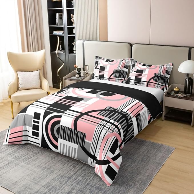 Erosebridal Art Deco Mid Century Duvet Cover Set Retro Modern Abstract Geometric 100% Cotton Comforter Cover Black and White Pink Circles Stripes King Bedding Set, Contemporary Bed Sets