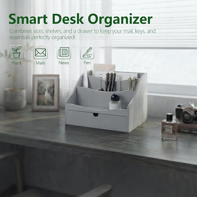 Pine Wood Mail Organizer for Desk - Rustic Farmhouse Mail Sorter Countertop Organizer for Letter Paper, Files & Everyday Essentials - Wooden Folder Organizer with Drawer for Home & Office Decor (Gray)