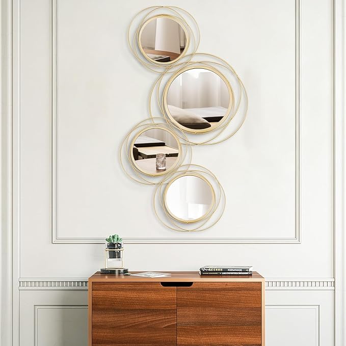 4 Set Circle Mirrors for Wall Decor for Living Room Bedroom Bathroom Entryway Metal Round Mirror Decorative Hanging Mirrors Sun Bohemian Geometric Accent Sculpture -Gold 11 in/9.2 in