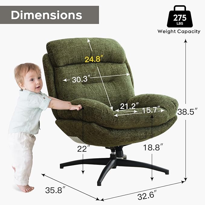 Swivel Accent Chair with Ottoman Set for Living Room, Chenille Comfy Reading Chair with High Back, TV Lounge Chair with 360 Degree Swiveling, Tilting for Bedroom, Modern Armchair with Footrest, Green