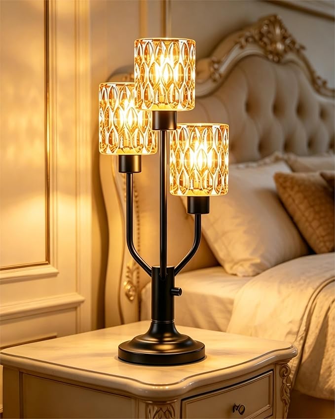 Lightdot Mid Century Modern Table Lamp for Bedroom Dimmable Nightstand Lamp Vintage Black Desk Lamp Amber Glass 3 Bulbs Included Warmwhite Ambient Bedside Lamps for Living Room Home Office Decor Gift