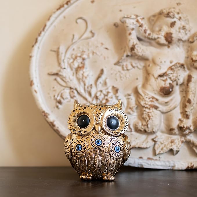 Owl Statue Home Decor Accents with Evil Eye.Gold Decor for Bookshelf, Bedroom, Living Room, Office, Table and Shelf.Vintage Owl Figurines Gifts for Birds Lover.Cute Small Animal Sculptures.