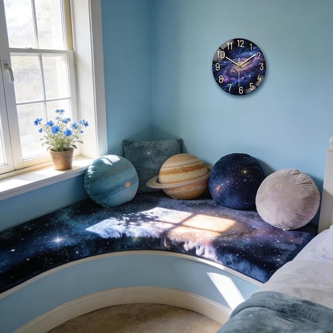 peacoblue Wall Clocks Battery Operated 12 Inch Universe Galaxy and Starry Sky Glass Round Wall Clock Non Ticking for Kitchen Living Room Dining Room Bedroom and Bathroom Decor (Battery not Included)