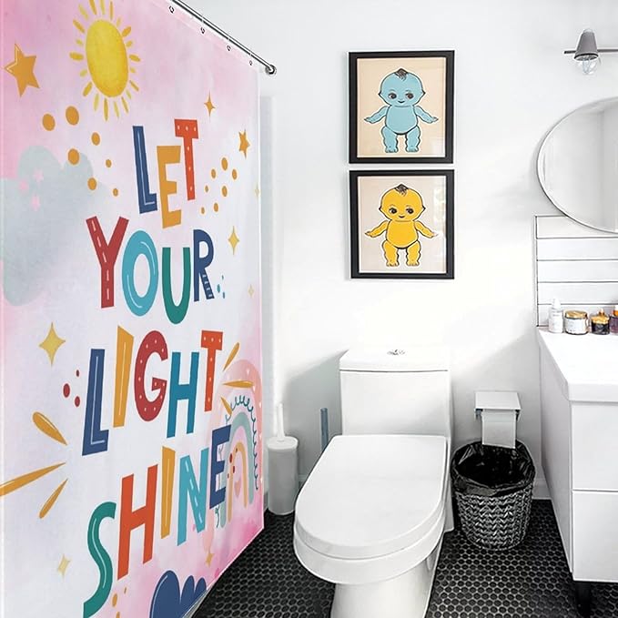 Pink Rainbow Shower Curtain for Bathroom, Boho Cute Inspirational Motivational Quotes Rainbow Colorful Baby Kids Girls Waterproof Fabric Shower Curtain Set with Hooks, 72"x78" Inch