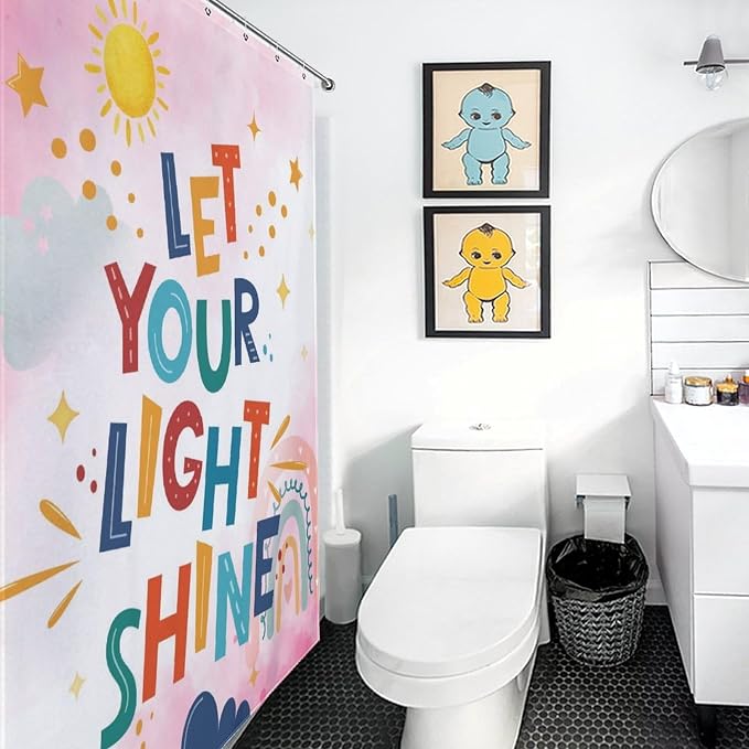 Pink Rainbow Shower Curtain for Bathroom, Boho Cute Inspirational Motivational Quotes Rainbow Colorful Baby Kids Girls Waterproof Fabric Shower Curtain Set with Hooks, 72"x72" Inch
