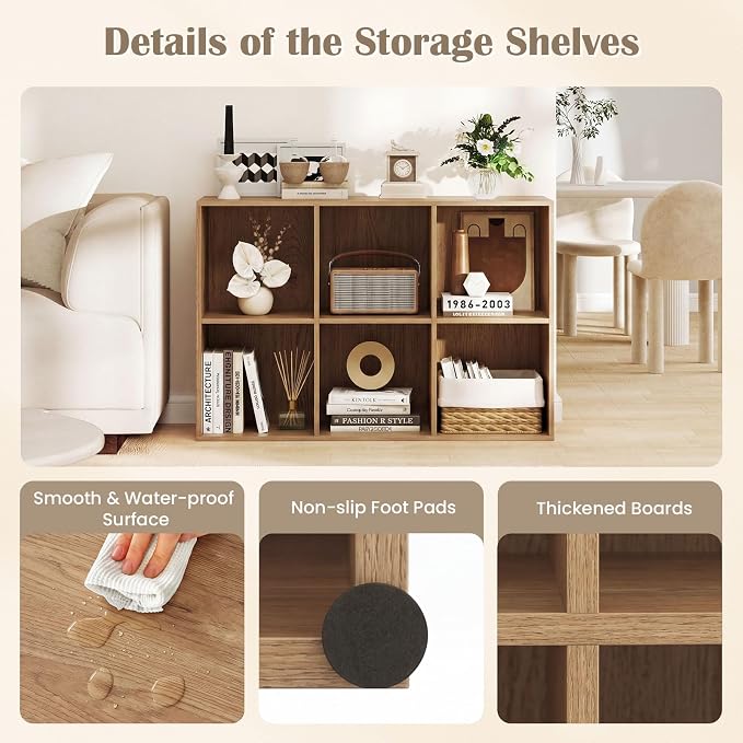 Tangkula 6-Cube Bookcase, Large Floor Standing Horizontal Bookshelf with 6 Open Shelves & 2 Anti-Tipping Kits, Home Office Wooden Storage Book Shelf for Living Room, Study (Natural, 6-Cube)