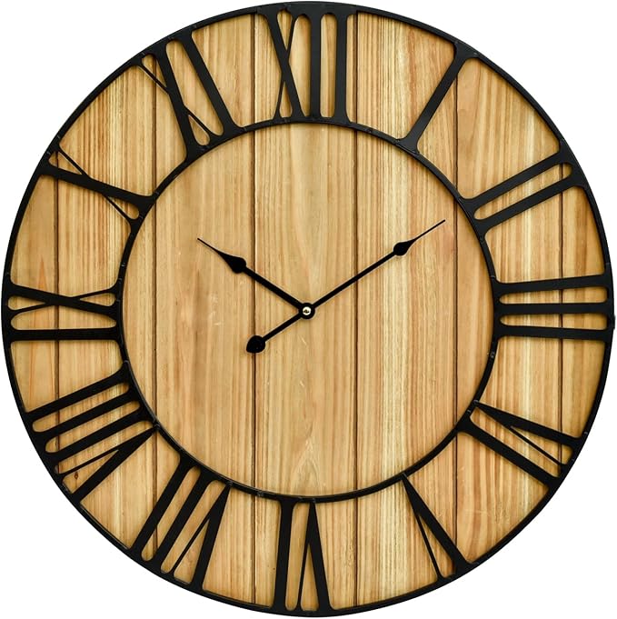 Large Farmhouse Wall Clock 24 Inch Vintage Brown Wooden Wall Clock with Quiet Ticking and Minimalist Roman Numerals for Bedroom Living Room Office Kitchen Home Decor, Battery Operated