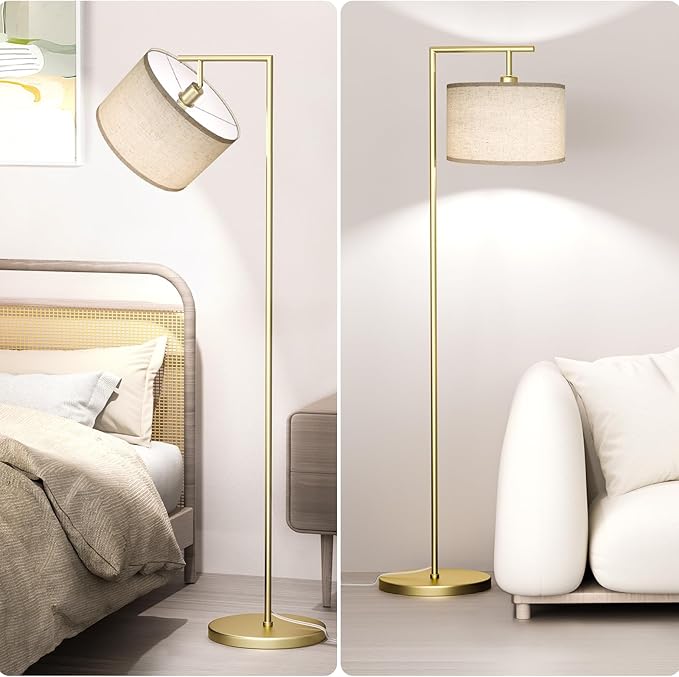Floor Lamp for Living Room with 3 Color Temperatures Standing Lamp with Adjustable Beige Linen Lampshade Tall Lamps for Bedroom Office Classroom Dorm Room, 9W LED Bulb Included, Gold