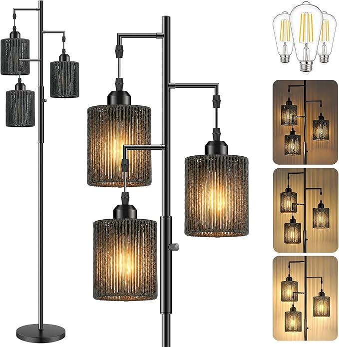 Hotsonic 72" Tall Boho Rattan Style Floor Lamp with Hand-Woven Paper Cord Shade, Dimmable Industrial Tree Standing Lamp for Living Room, Bedroom, Study Room, Office (3 x 800LM Bulbs Included) - Black