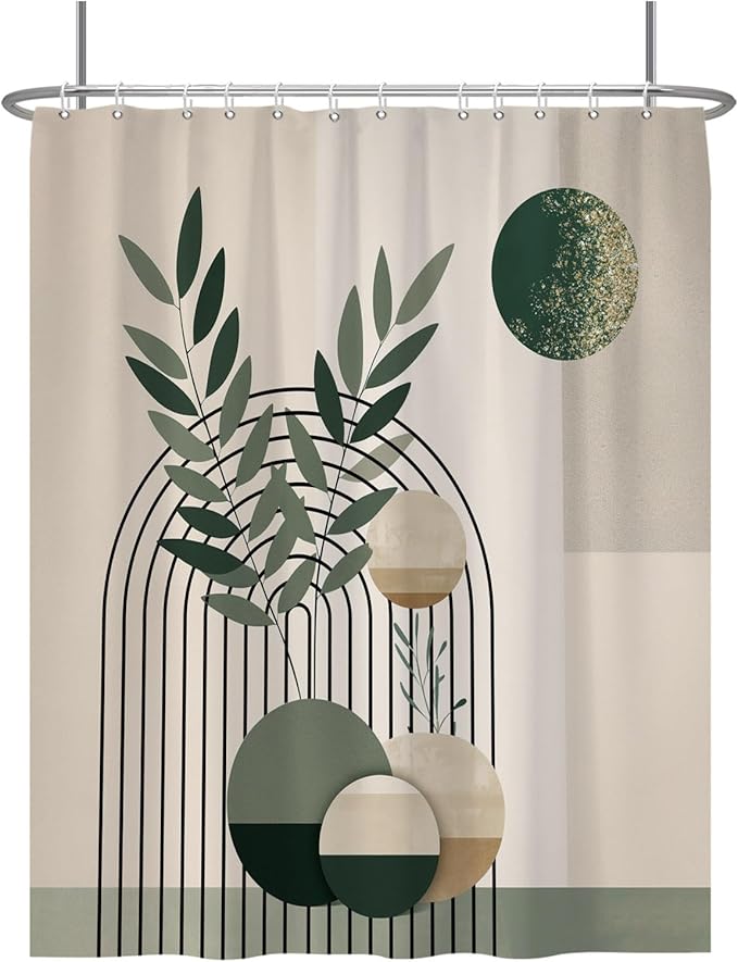 Baocicoo Mid Century Bohemia Green Moon Leaves Shower Curtain for Bathroom - Geometric Aesthetic Bathtub Decor - Polyester Durable Shower Curtain with Hooks - 72x84 Inches