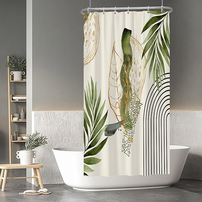 Baocicco Boho Shower Curtain Green Gold Leaves Modern Abstract Geometric Minimalist Shower Curtains Decorative for Bathroom Waterproof Fabric Shower Curtain with Hooks 72x72 Inches