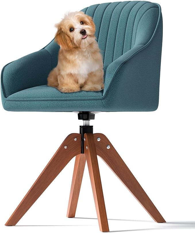 OS MOTOR Modern Swivel Accent Chair with Arms, Upholstered Desk Chair No Wheels, Mid-Century Fabric Armchair with Oak Wood Legs for Home Office, Bedroom, Vanity, Sky Blue