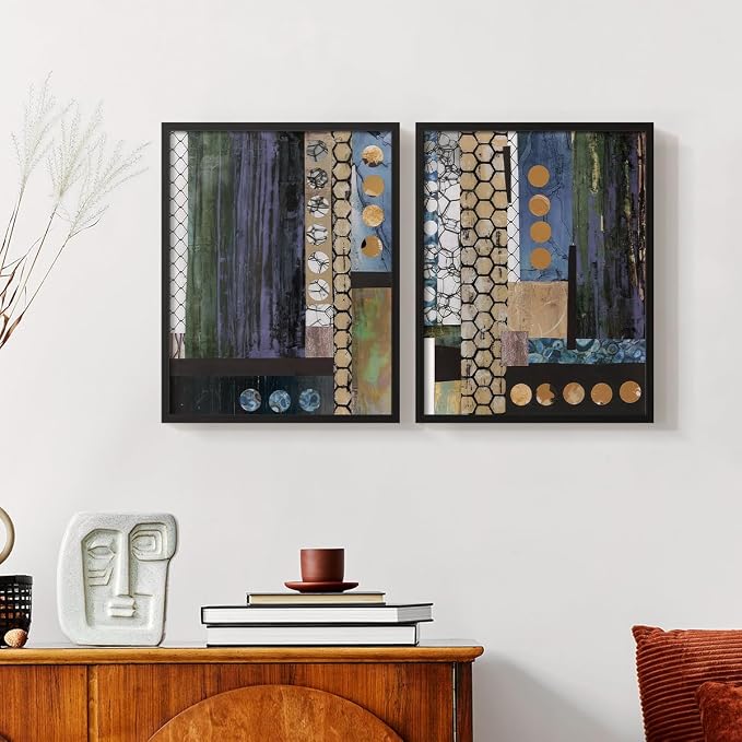 Renditions Gallery Set of 2 Peel & Stick Framed Prints, Geometric Abstract Wall Art, Hexagonal and Circular Pattern Wall Decor, Re-Stickable - Ready to Hang - 8"x10" - Black Frame LT588