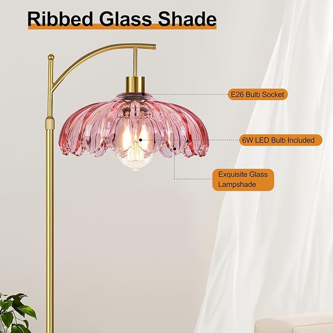 Pink Floor Lamp for Living Room,Bedroom,Glass Mid Century Modern Standing Lamp with Remote,Dimmable Gold Tall Lamp Vintage Arc Floor Lamps Flower Girls Kids Light Boho Bohemian