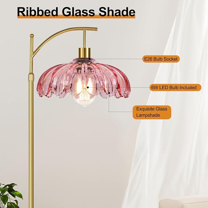 QIYIZM Pink Floor Lamp for Living Room,Bedroom,Gold Dimmable Standing Lamp with Remote,Mid Century Modern Brass Tall Lamp Boho Floor Lamps Arc Stained Glass Flower Floor Light Lamp Girls kids Bohemian