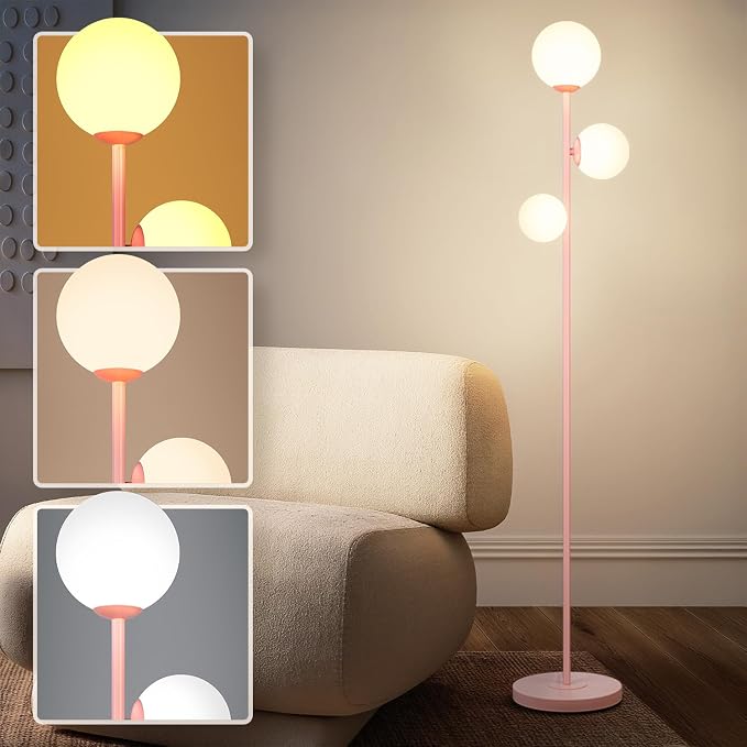 3 Globe Floor Lamp - Mid Century Modern Standing Light with 3 Color Temperatures, LED Bulbs, Frosted Glass Shades for Living Room (Pink)