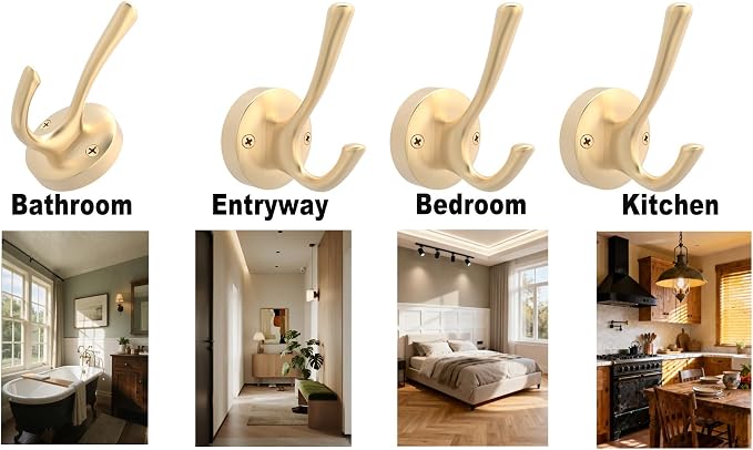 TOFIIGREM Gold Hat and Coat Hooks, 4 Pack Heavy Duty Coat Robe Hook, Metal Double Backpack Hook Wall Mounted, Towel Hooks for Bathroom Entryway Cubicle Closet Garage
