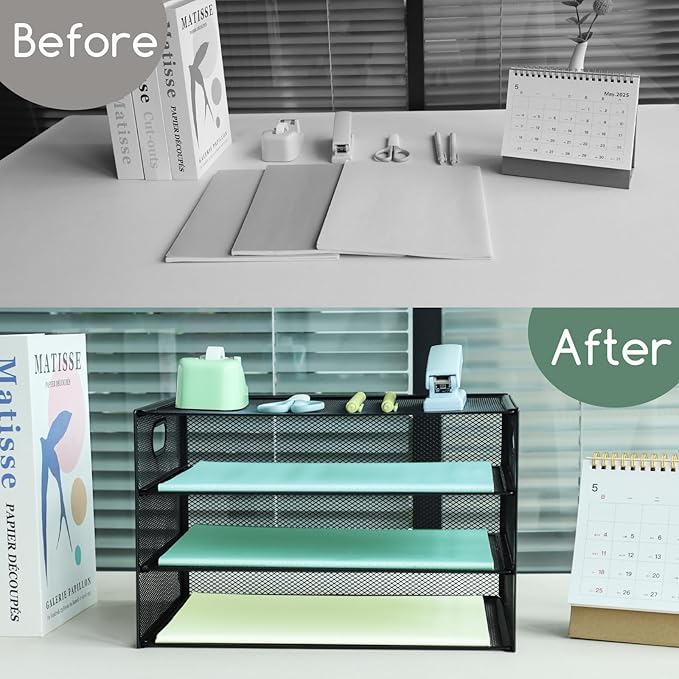Paper Letter Tray with Handle, 3 Tier Metal Mesh Desk File Organizer, A4 Paper Desktop Filing Trays, Desk Tidy Magazine Document Holder for Home Office, Black