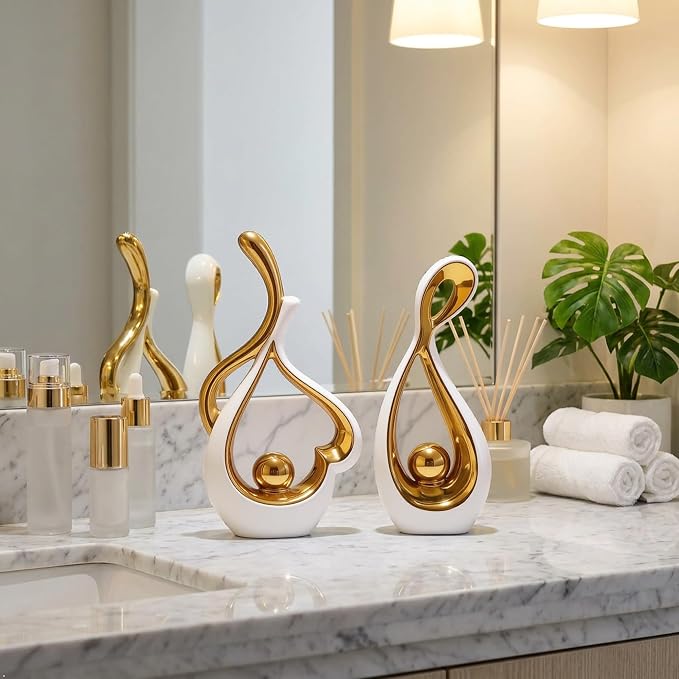 White Gold Abstract Ceramic Sculpture Set of 2, Modern Statues for Living Room Shelf Coffee Table Decor, Mid Century Art Deco Centerpiece, Glossy Decor for TV Stand Dining Table Mantel Entryway