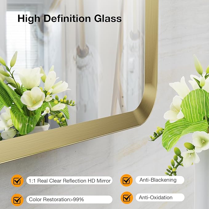 30x36 inch Gold Rectangle Bathroom Mirror, Brushed Gold Metal Framed, HD Tempered Glass, Anti-Rust Frame, Bathroom and Entryway Decor, Horizontal or Vertical Hanging