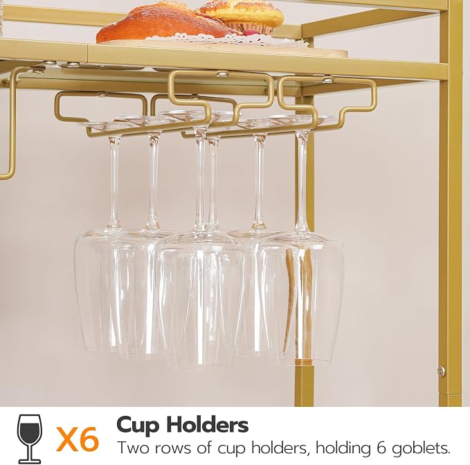 HOOBRO Bar Cart for The Home, Gold Bar Cart, 2-Tier Home Bar Serving Cart with Wine Rack and Glass Holder, Bar Carts with for Bar, Kitchen, Dining Room, Living Room, Gold GD11TC01