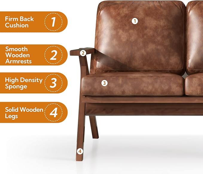 Bonzy Home 51.6" Loveseat Sofa Mid-Century Faux Leather Accent Chair, Upholstered 2-Seat Couch Loveseat with Solid Wood Frame and Cushions, Small Sofa Couch Armchair for Living Room, Bedroom,Brown