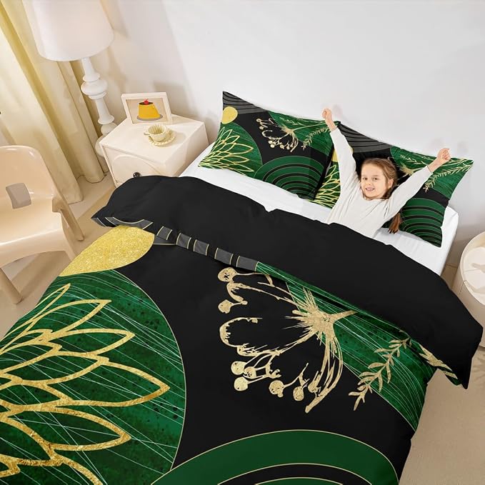 Erosebridal Mid Century Modern Queen Comforter Cover for Kids Teens Adults - Green and Black Abstract Duvet Cover Boho Minimalist Aesthetic Bed Set Chic Modern Geometric Bohemian Floral Bedding Set