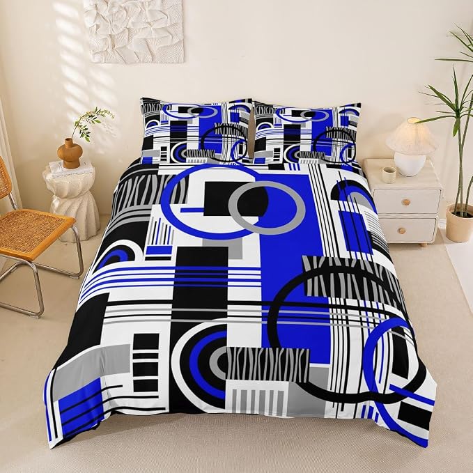 Erosebridal Art Deco Mid Century Duvet Cover Set Retro Modern Abstract Geometric King Bedding Set for Adult Men Black and White Navy Blue Circles Stripes Comforter Cover Contemporary Bed Sets