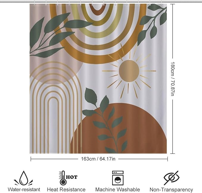 Mid Century Shower Curtain,Boho Modern Abstract Minimalist Gold Sun Bathroom Curtain Polyester Waterproof Fabric Decor 66x72in（168x183cm）
