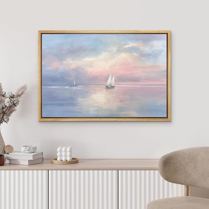 MUDECOR Framed Canvas Print Wall Art Pastel Sailboats on Calm Sea Horizon Illustrations Minimalism Decorative Bohemian Zen for Living Room, Bedroom, Office - 16"x24" NATURAL