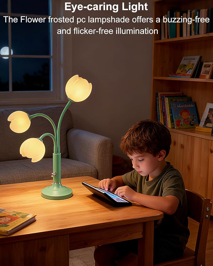 3-Light Tulip Table Lamp with LED Bulbs Included, Dimmable Cute Flower Desk Lamp, Aesthetic Green Floral Nightstand Lamp, Adjustable Gooseneck Bedside Lamp for Bedroom, Living Room, Home Office
