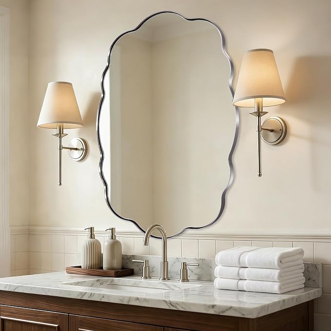 ANDY STAR Brushed Nickel Bathroom Mirror, 30x48 Inch Large Silver Wavy Vanity Mirror, Unique Oval Bathroom Vanity Mirror with Sophisticated Curved Design