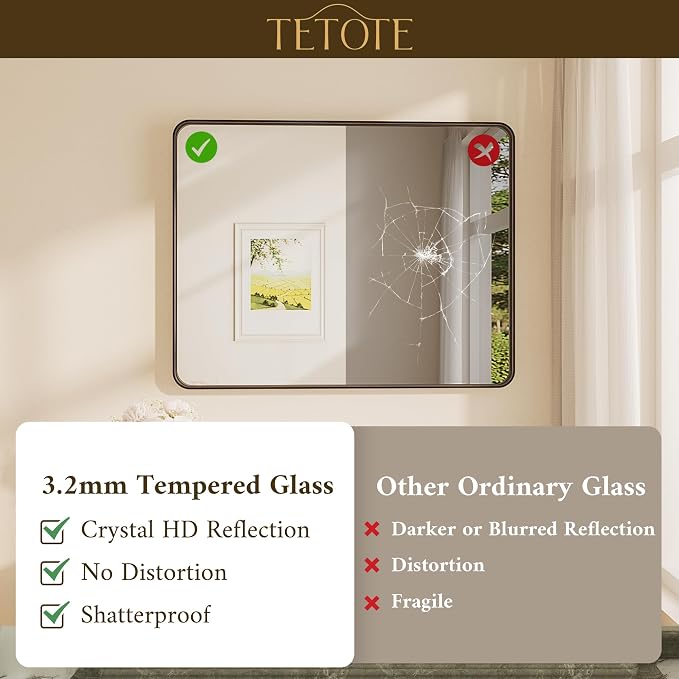 TETOTE 48 x 30 Inch Bathroom Mirror, Matte Black Modern Metal Frame Rectangle Wall Mounted Vanity Mirror (Horizontal/Vertical)