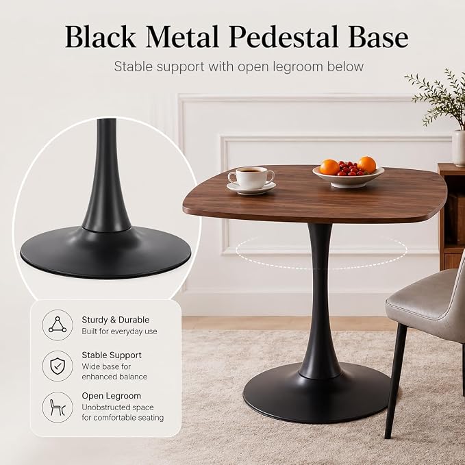 31.5" Square Dining Table, Modern Mid-Century Walnut Wood Grain Kitchen Table for 2-4, Black Metal Pedestal Base Small Space Dining Table for Apartment, Café, Breakfast Nook