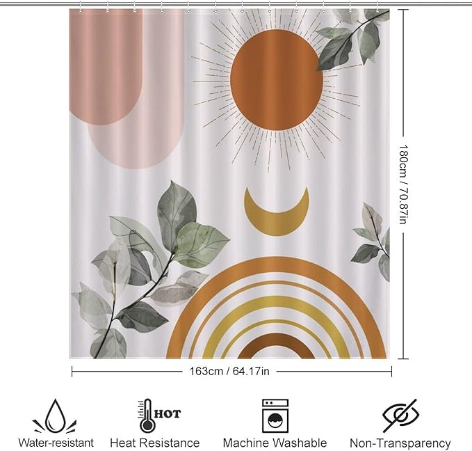 Boho Mid Century Shower Curtain,Green Nature Leaf Sun Modern Minimalist Bathroom Curtain Polyester Waterproof Fabric Decor 66x72in（168x183cm）