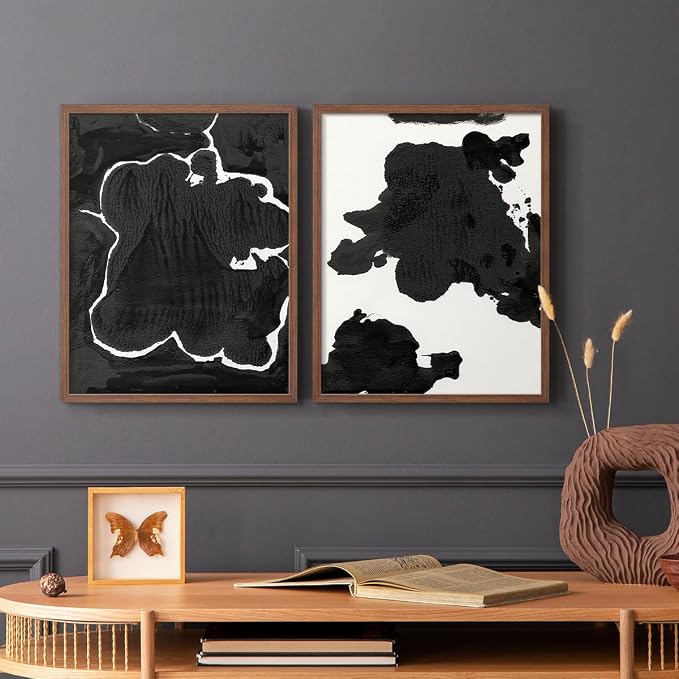 Renditions Gallery Set of 2 Peel & Stick Framed Prints, Fluid Abstract Wall Art, Black and White Inkblot Wall Decor, Re-Stickable - Ready to Hang - 22"x28" - Walnut Frame LT588