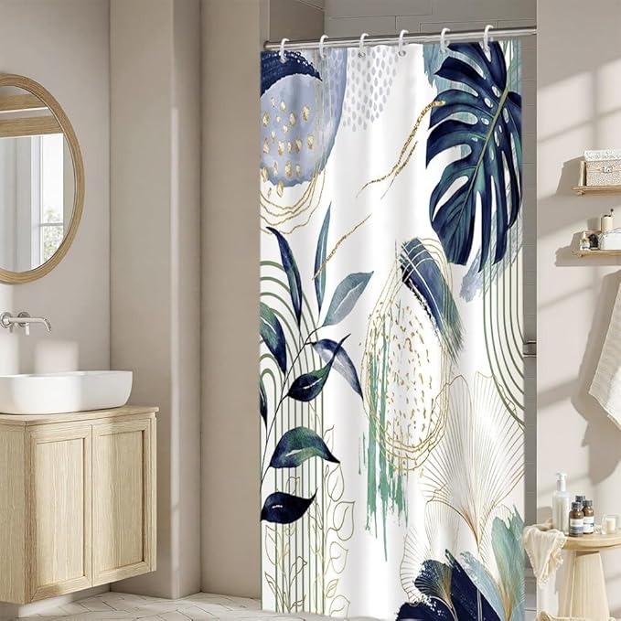 Mid Century Boho Shower Curtain Dark Green and Blue Palm Leaf Abstract Minimalist Aesthetic Bathroom Decor Watercolor Plant Bathtub Curtains Washable Waterproof Polyester Fabric with Hooks 36x72 Inch