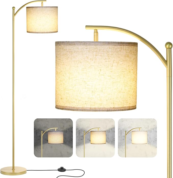 LALISU Floor Lamp for Living Room, Dimmable Floor Lamp with Foot-Step Switch Standing Lamp with Linen Shade Reading Lamp for Living Room Bedroom Office Dining Room, 9W Bulb Included (Gold)