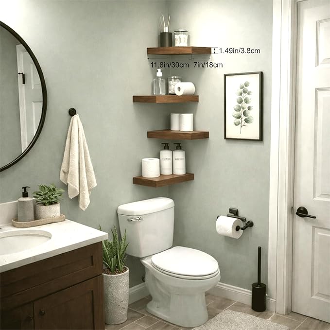 Bathroom Floating Shelves for Wall, Walnut Small 11.8" Floating Shelf for Storage, Display and Farmhouse Rustic Home Decor, Perfect Over Toilet for Bedroom, Kitchen or Living Room, 2-Pack