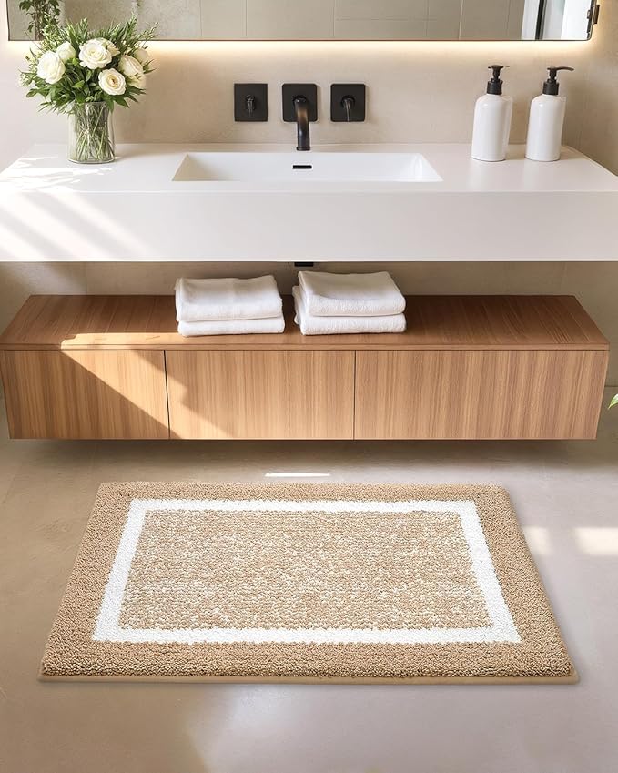 Color&Geometry Bathroom Runner Non Slip, 24"x43" Khaki Bath Runner Rug, Absorbent, Soft, Washable, Microfiber Bath Mat Bathroom Carpet