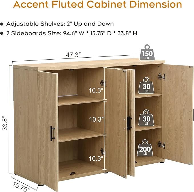 Yechen Accent Fluted Sideboard Buffet Cabinet with Storage and 4 Doors, Mordern Credenza Storage Cabinet with Adjustable Shelves, Media Console Table, for Living Room Dinning Entryway Kitchen/Oak