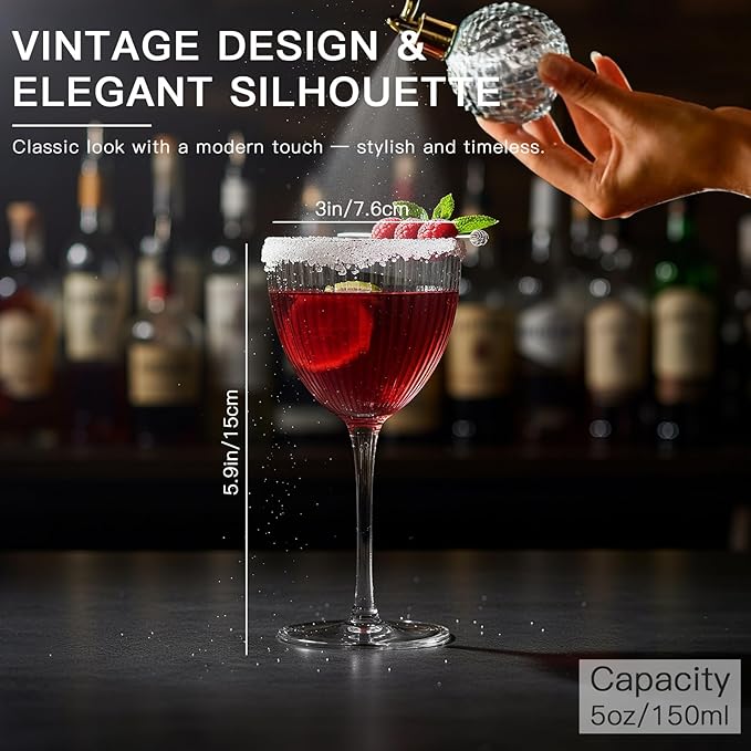 Nick and Nora Cocktail Glasses - Coupe Glasses Set of 6, Vintage Ribbed Martini Glassware, Crystal Cordial Cups for Whiskey, Gin, Vodka, Champagne, 5 Oz,Valentines Day Gifts For Her