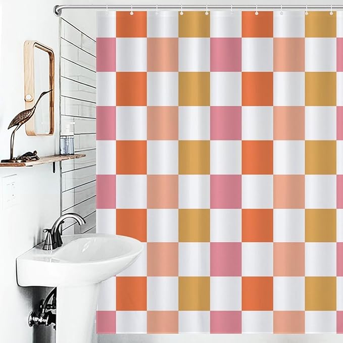 70s Orange Checkered Shower Curtain, Retro Vintage Hippie Checkboard Colorful Abstract Groovy Modern Cute Bright Funky Waterproof Fabric Bathroom Shower Curtain Set with Hooks, 72"x78"