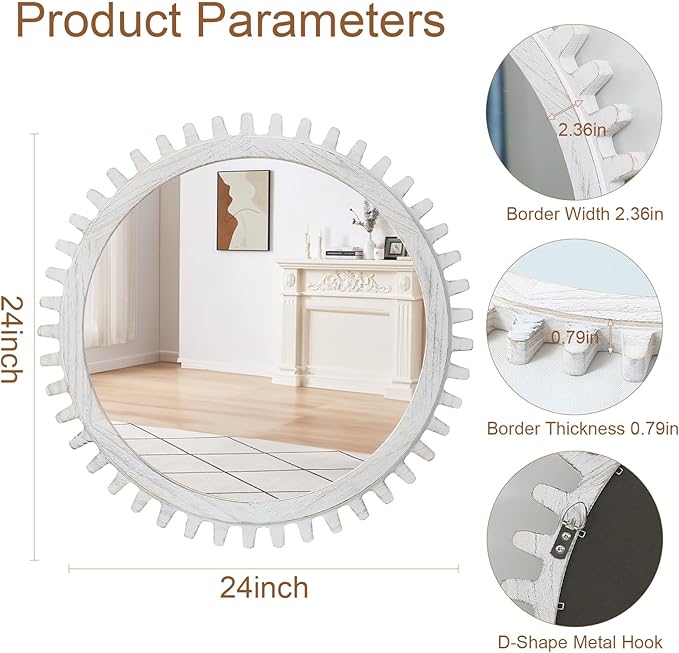 ULIKE Round Rustic Wood Mirror for Bathroom, Farmhouse Mirror with Wood Frame, 24x24 Inch White Vanity Mirrors for Wall Decor of Bedroom Living Room Entryway