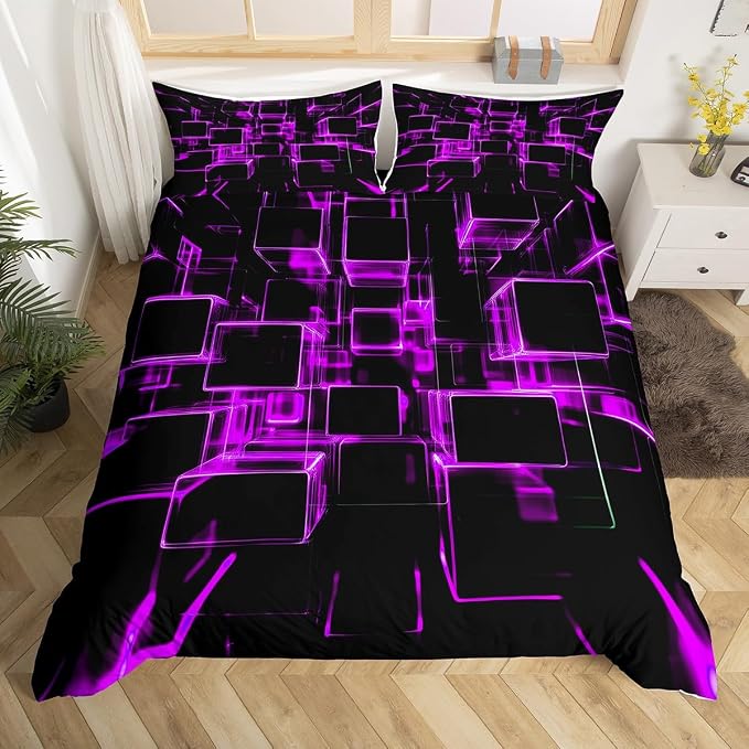 Erosebridal Fluorescent Purple and Black Kids Duvet Cover, Modern Geometric Square Bedding Sets Colorful Gradient Neon Light Honeycomb Bed Cover Twin 2 Pieces