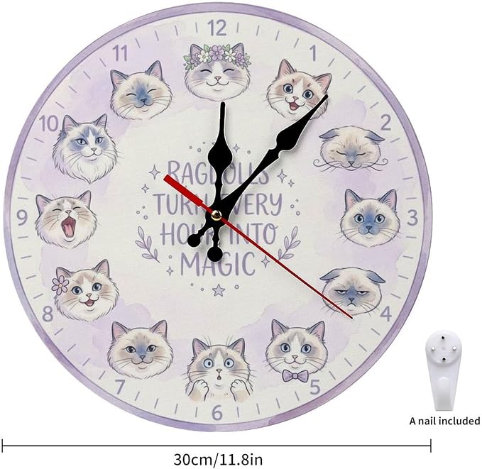 Whimsical Ragdoll Cat Faces Silent Non Ticking Wooden Wall Clock 10/12 Inch Kids Room Kitchen Office Decor Battery Powered Feline Art Home Gift