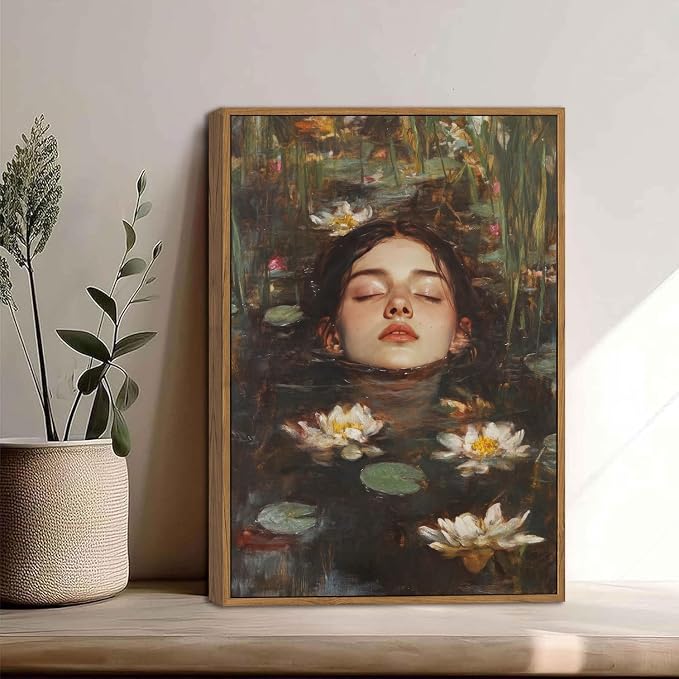 WALLZK Vintage Framed Wall Art Lotus Pool Canvas Prints Woman Portrait Artistic Painting Decor Artwork for Walls Living Room Bedroom Bathroom 12"x16"
